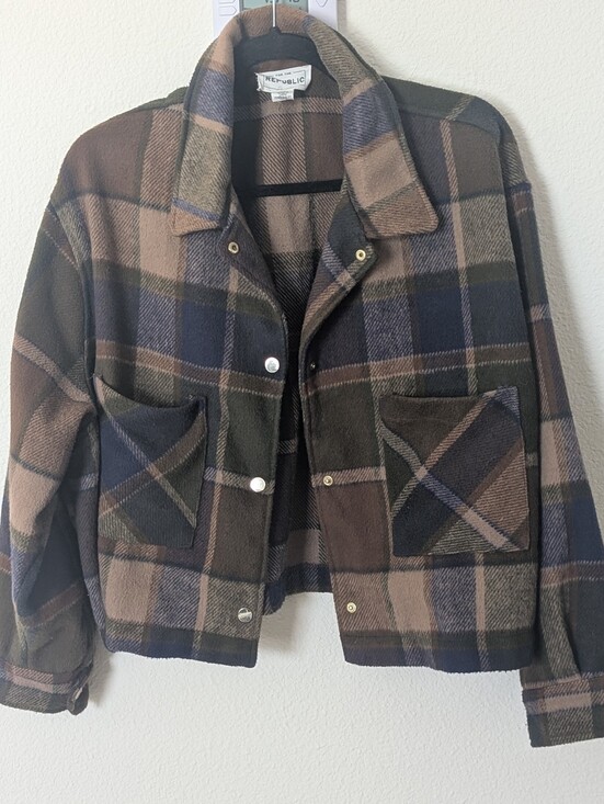 For The Republic Jackets & Blazers - For The Republic Brown & Olive Plaid Jean Jacket Nwot